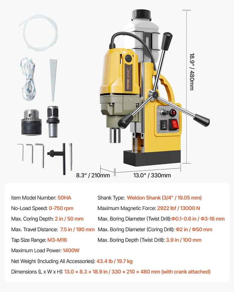VEVOR magnētiskā urbjmašīna, 1400 W motors, 50 mm urbuma diametrs, 13 000 N pārnēsājama elektriskā magnētiskā urbjpresa, 0–750 apgr./min. maināms ātrums, urbjmašīna metāla virsmām, rūpniecības un mājas darbiem