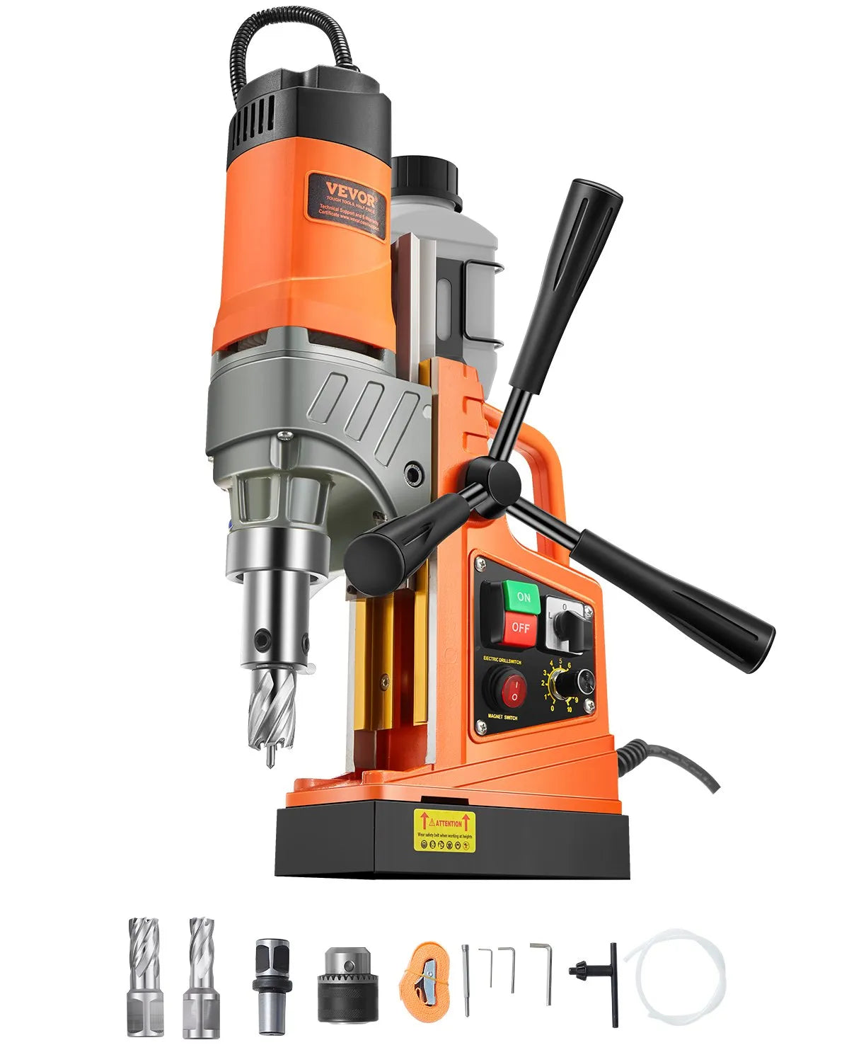 VEVOR Magnetic Drill Press, 1450 W Motor, 40 mm Drilling Diameter, 12,500 N Portable Electric Magnetic Drill Press with 2 Core Drills, Variable Speed, Metal Surface Drilling Machine for Home and Industrial Use