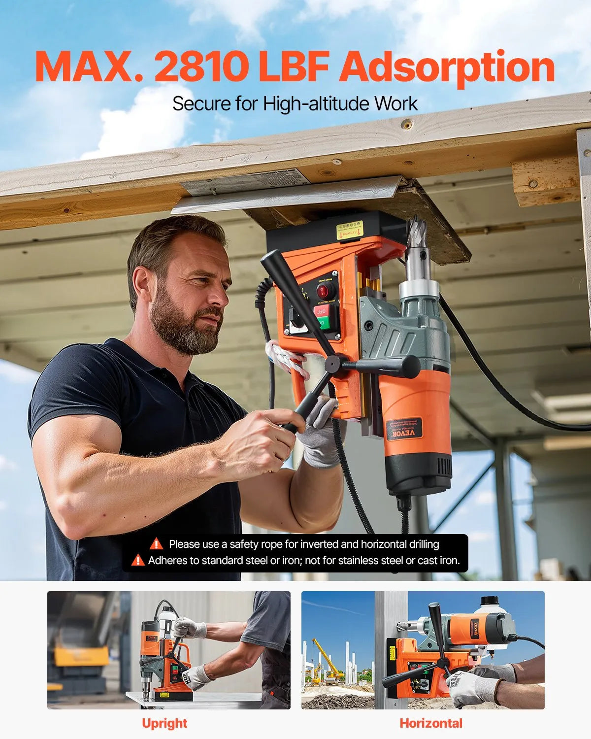 VEVOR Magnetic Drill Press, 1450 W Motor, 40 mm Drilling Diameter, 12,500 N Portable Electric Magnetic Drill Press with 2 Core Drills, Variable Speed, Metal Surface Drilling Machine for Home and Industrial Use
