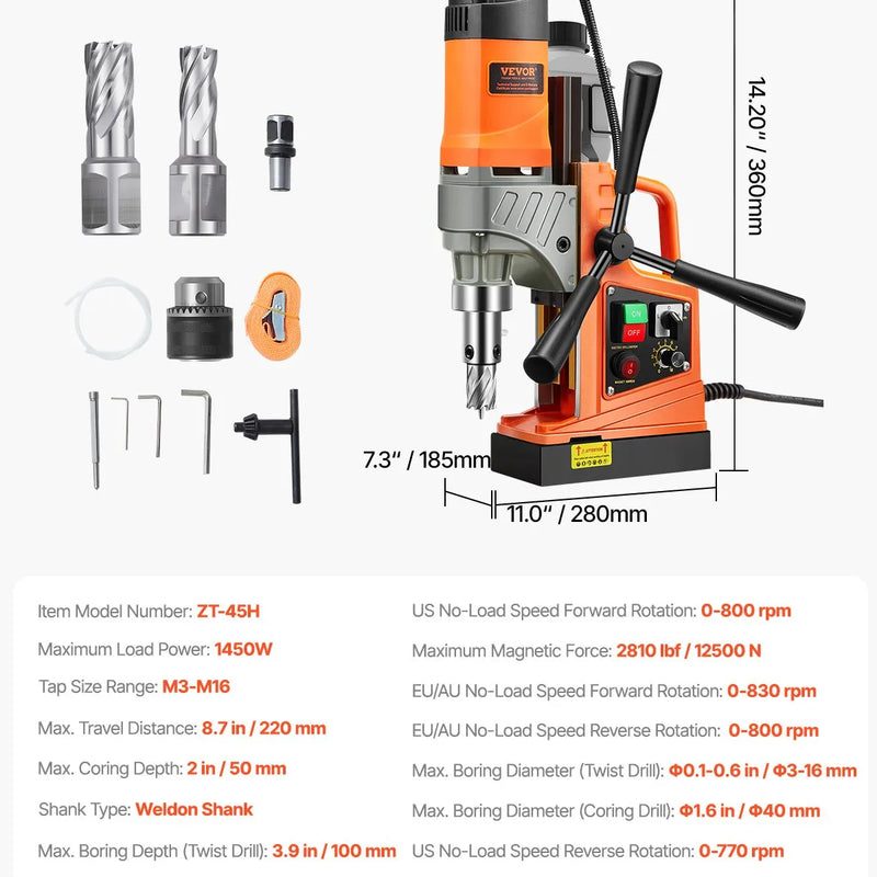 VEVOR magnētiskā urbjmašīna, 1450 W motors, 40 mm urbuma diametrs, 12 500 N pārnēsājama elektriskā magnētiskā urbjpresa, ar 2 serdeņa urbjiem, maināms ātrums, urbjmašīna metāla virsmām, mājas un rūpniecības darbiem