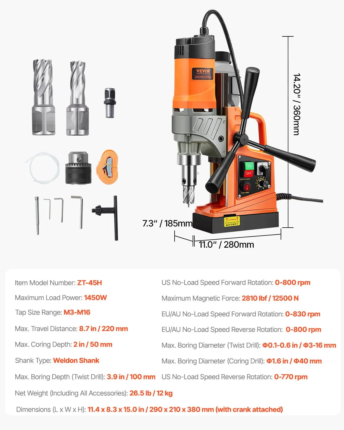 VEVOR Magnetic Drill Press, 1450 W Motor, 40 mm Drilling Diameter, 12,500 N Portable Electric Magnetic Drill Press with 2 Core Drills, Variable Speed, Metal Surface Drilling Machine for Home and Industrial Use