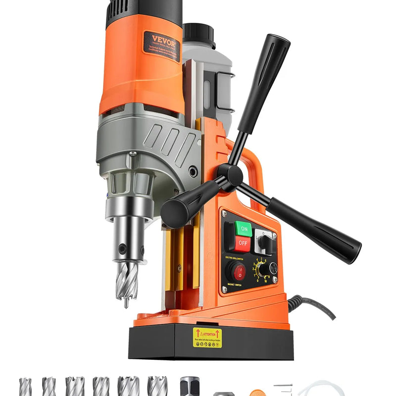 VEVOR magnētiskā urbjmašīna, 1450 W motors, 50 mm urbuma diametrs, 12 800 N pārnēsājama elektriskā magnētiskā urbjpresa, ar 6 serdeņa urbjiem, maināms ātrums, urbjmašīna metāla virsmām, mājas un rūpniecības darbiem