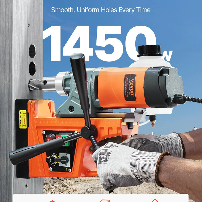 VEVOR magnētiskā urbjmašīna, 1450 W motors, 50 mm urbuma diametrs, 12 800 N pārnēsājama elektriskā magnētiskā urbjpresa, ar 6 serdeņa urbjiem, maināms ātrums, urbjmašīna metāla virsmām, mājas un rūpniecības darbiem