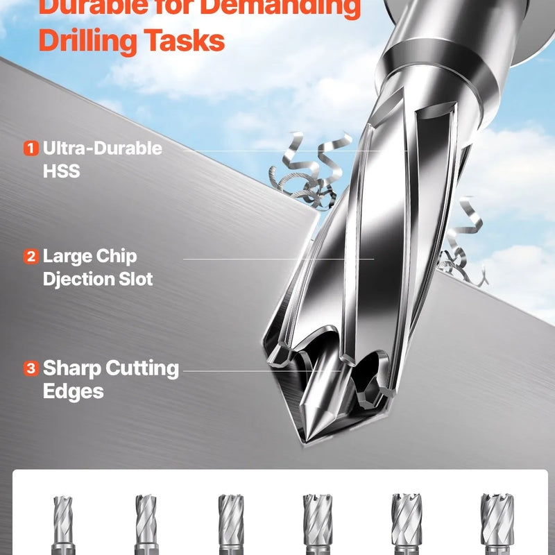 VEVOR magnētiskā urbjmašīna, 1450 W motors, 50 mm urbuma diametrs, 12 800 N pārnēsājama elektriskā magnētiskā urbjpresa, ar 6 serdeņa urbjiem, maināms ātrums, urbjmašīna metāla virsmām, mājas un rūpniecības darbiem