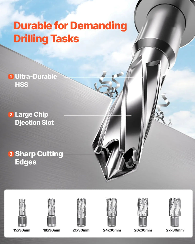 VEVOR magnētiskā urbjmašīna, 1450 W motors, 50 mm urbuma diametrs, 12 800 N pārnēsājama elektriskā magnētiskā urbjpresa, ar 6 serdeņa urbjiem, maināms ātrums, urbjmašīna metāla virsmām, mājas un rūpniecības darbiem