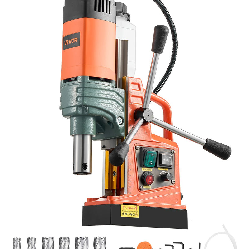 VEVOR magnētiskā urbjmašīna, 1450 W, urbšanas diametrs līdz 50 mm, magnētiskais spēks 13 000 N, regulējams ātrums, 6 kroņurbji, metāla virsmām