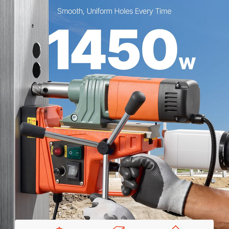VEVOR magnētiskā urbjmašīna, 1450 W, urbšanas diametrs līdz 50 mm, magnētiskais spēks 13 000 N, regulējams ātrums, 6 kroņurbji, metāla virsmām