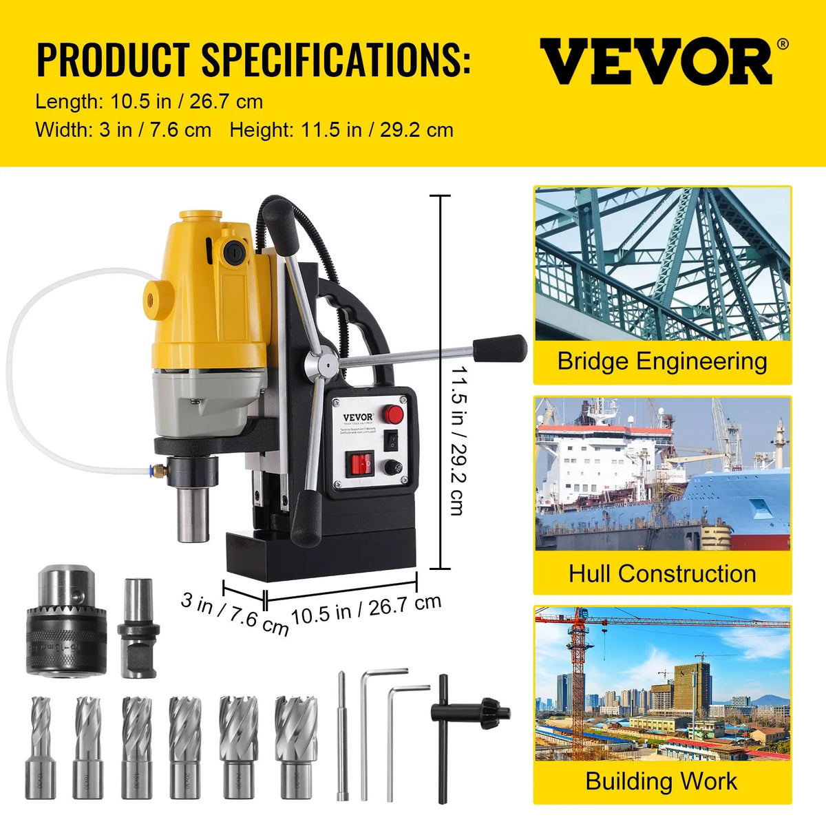 VEVOR 1100 W magnētiskā urbjmašīna ar 12 000 N magnētisko spēku un 6 HSS vainadziņiem