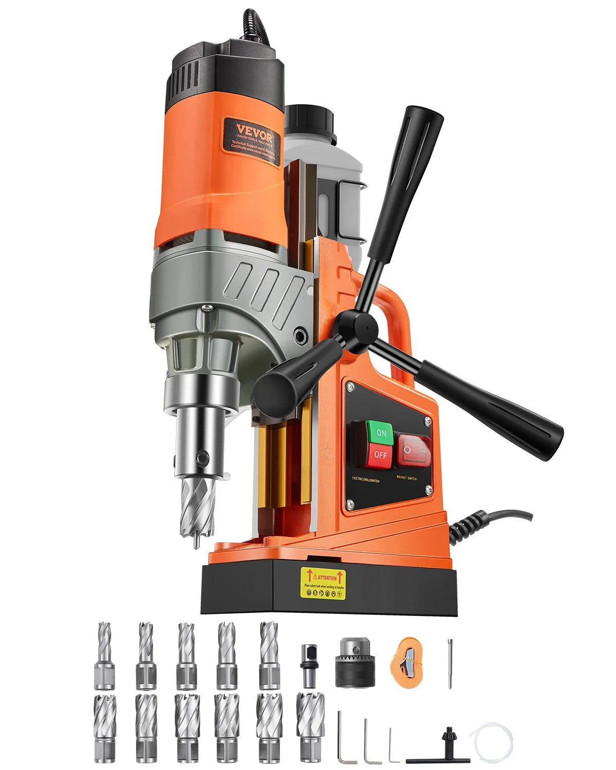 VEVOR Magnetic Drill Press, 1450 W Motor, 40.6 mm Drilling Diameter, 12.5 kN Magnetic Holding Force, Portable Electric Magnetic Drill with 11 Annular Cutters, 850 RPM for Metal Surfaces and Workshops