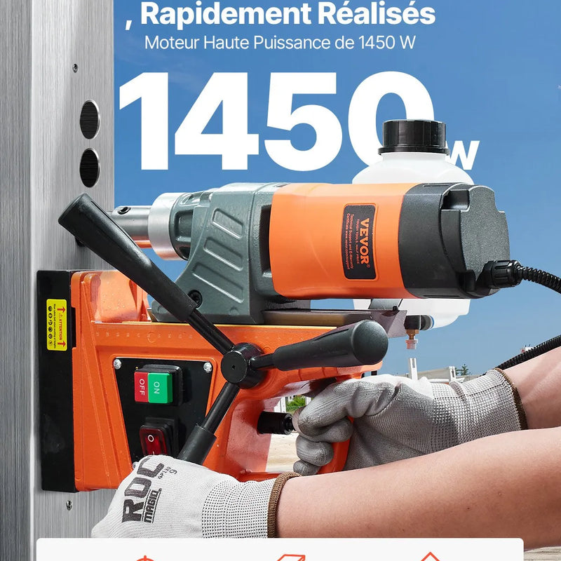 VEVOR magnētiskā urbjmašīna, 1450 W motors, 40,6 mm urbuma diametrs, 12,5 kN magnētiskā noturība, pārnēsājama elektriskā magnētiskā urbjpresa ar 11 vainagurbjiem, 850 apgr./min metāla virsmām un darbnīcām