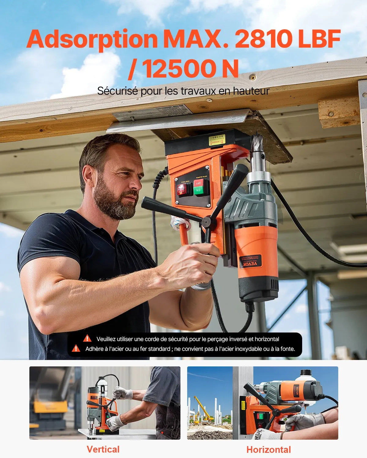VEVOR Magnetic Drill Press, 1450 W Motor, 40.6 mm Drilling Diameter, 12.5 kN Magnetic Holding Force, Portable Electric Magnetic Drill with 11 Annular Cutters, 850 RPM for Metal Surfaces and Workshops