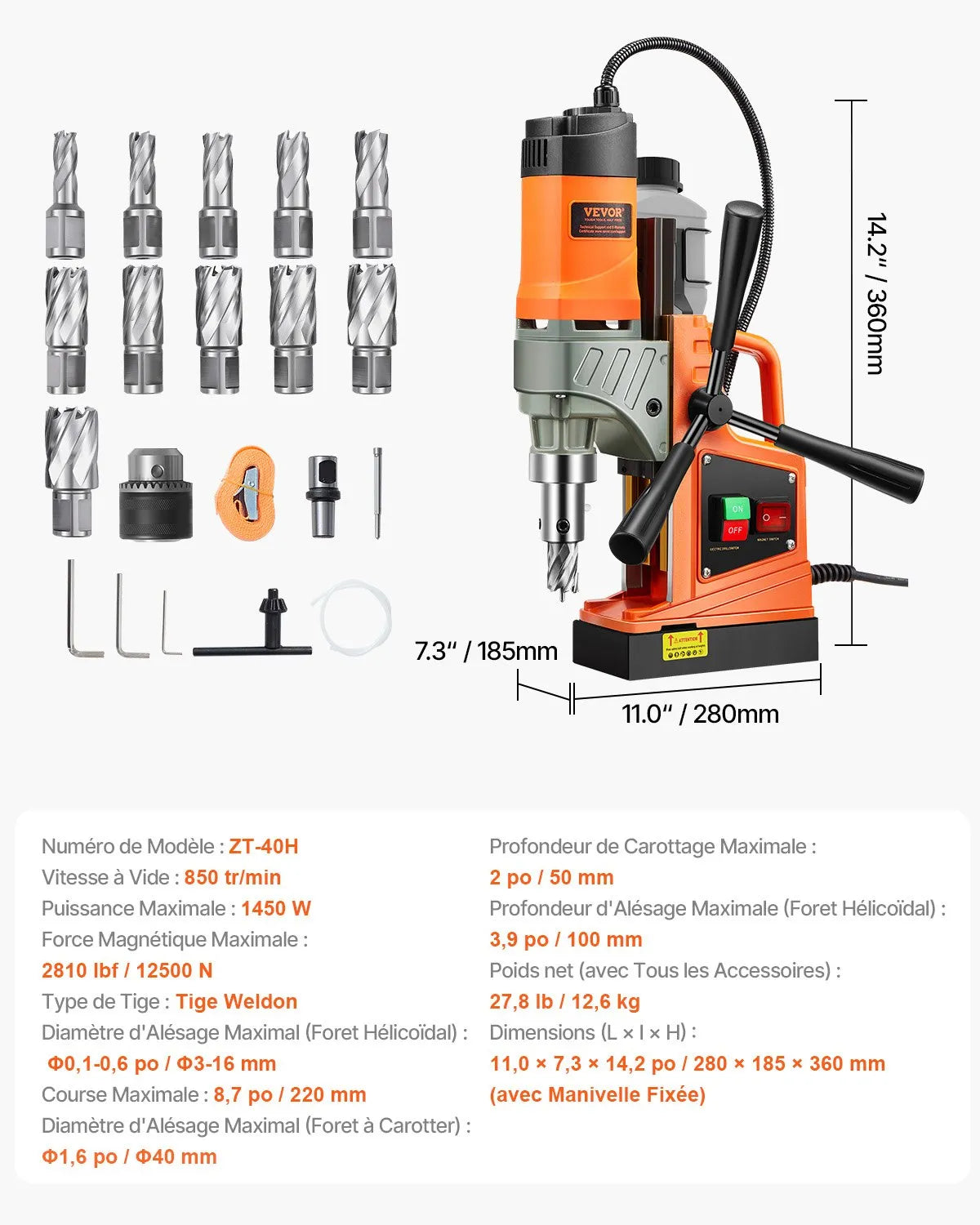 VEVOR Magnetic Drill Press, 1450 W Motor, 40.6 mm Drilling Diameter, 12.5 kN Magnetic Holding Force, Portable Electric Magnetic Drill with 11 Annular Cutters, 850 RPM for Metal Surfaces and Workshops