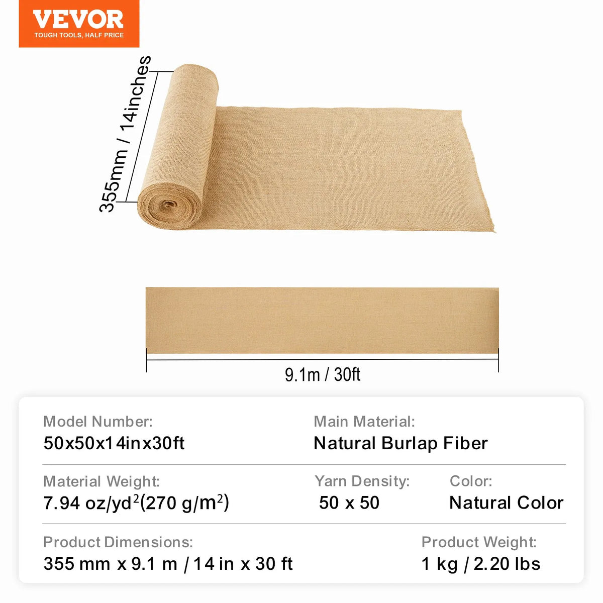 VEVOR džutas auduma rullis, 35,6 cm x 9,14 m un 50 x 50 augsta blīvuma plats dabīgās džutas auduma rullis, džutas audums koku aptīšanai, dekorēšanai, rokdarbiem, kāzām, dārzkopībai, augu un koku ziemas aizsardzībai - ZEMLETES.LV