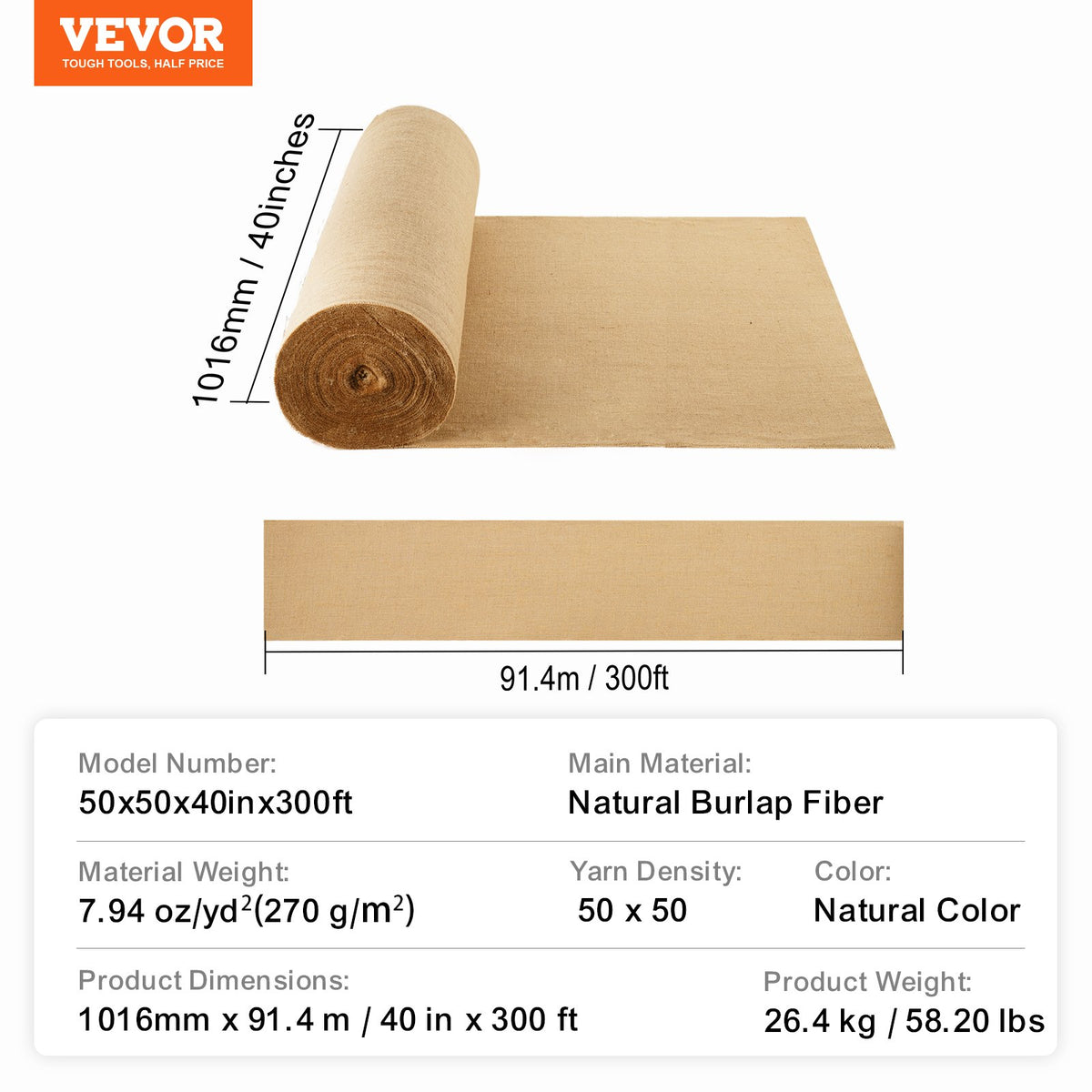 VEVOR džutas auduma rullis 102 cm x 91,4 m un 50 x 50 augsta blīvuma dabīgs plats džutas audums, džutas auduma rullis koku aptīšanai, dekorēšanai, rokdarbiem, kāzām, dārzkopībai un augu un koku aizsardzībai ziemā - ZEMLETES.LV