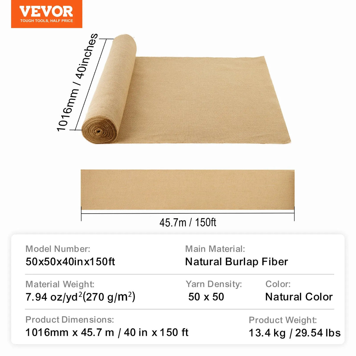 VEVOR džutas auduma rullis, 1016 mm x 45,7 m un 50 x 50 augsta blīvuma plats dabīgās džutas auduma rullis, džutas audums koku aptīšanai, dekorēšanai, rokdarbiem, kāzām, dārzkopībai, augu un koku ziemas aizsardzībai - ZEMLETES.LV