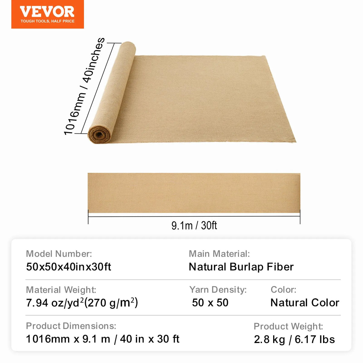 VEVOR džutas auduma rullis, 1016 mm x 9,14 m un 50 x 50 augsta blīvuma plats dabīgās džutas auduma rullis, džutas audums koku aptīšanai, dekorēšanai, rokdarbiem, kāzām, dārzkopībai, augu un koku ziemas aizsardzībai - ZEMLETES.LV