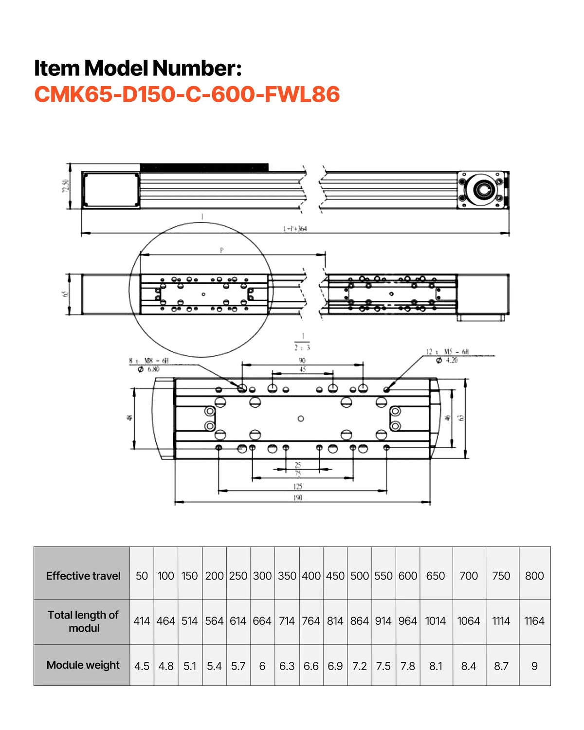 VEVOR Linear Guide 600 mm with Belt Drive and NEMA 34 Stepper Motor, High Speed, for CNC Mills and 3D Printers