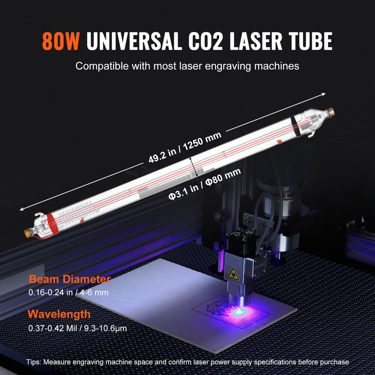 VEVOR CO₂ Laser Tube 90 W, 1250 mm, Borosilicate Glass