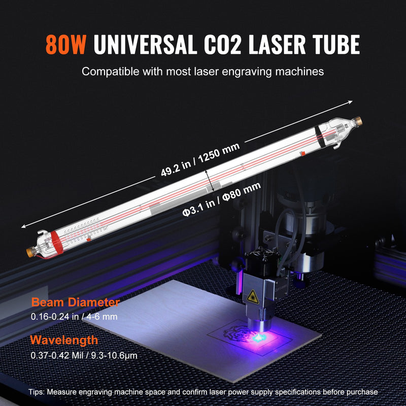 VEVOR 90W CO₂ lāzera caurule – 1250 mm borosilikāta stikla lāzergriešanas caurule