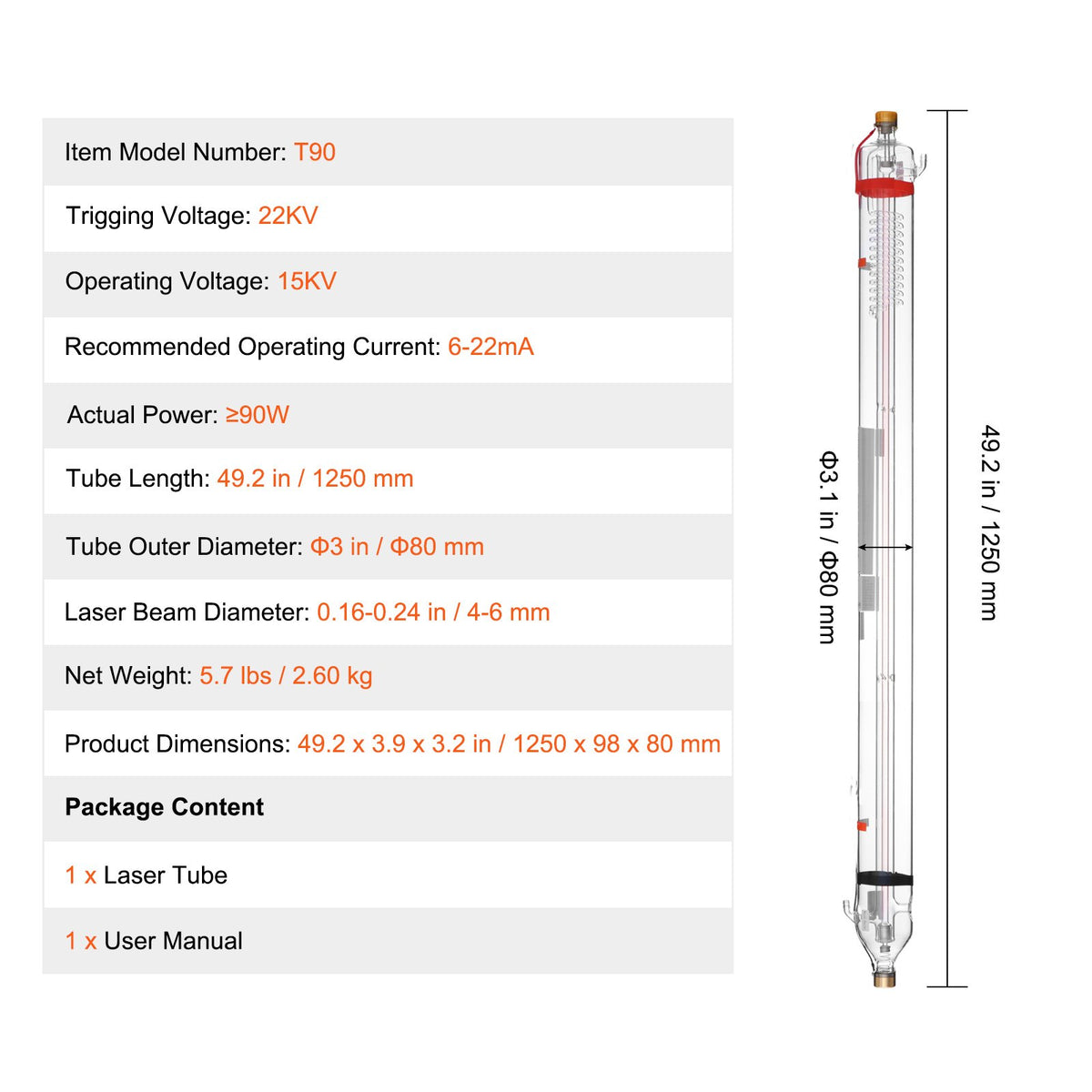 VEVOR CO₂ Laser Tube 90 W, 1250 mm, Borosilicate Glass