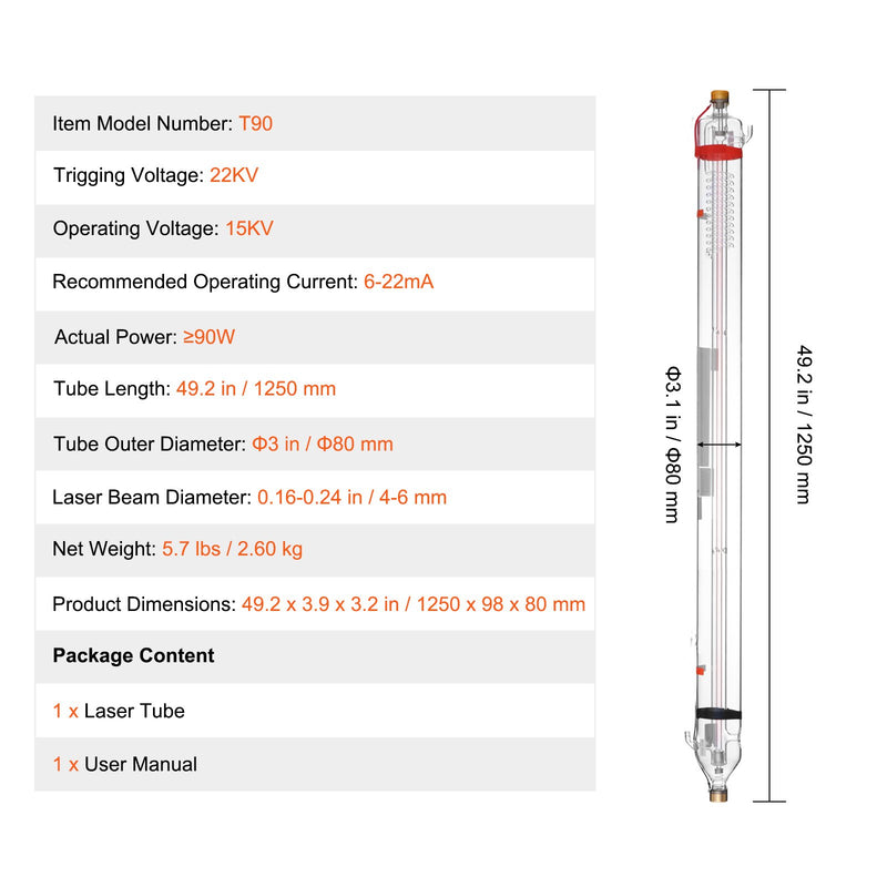 VEVOR 90W CO₂ lāzera caurule – 1250 mm borosilikāta stikla lāzergriešanas caurule