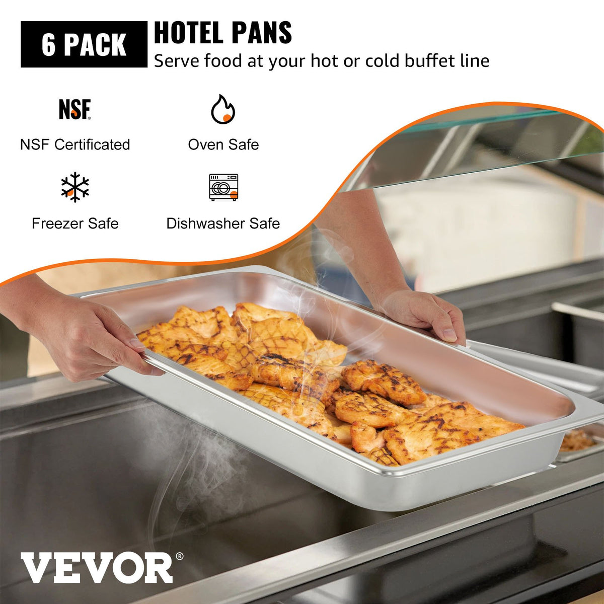 VEVOR GN-nõud 6 tk, 8,5 l, 530 × 325 × 66 mm, roostevaba teras