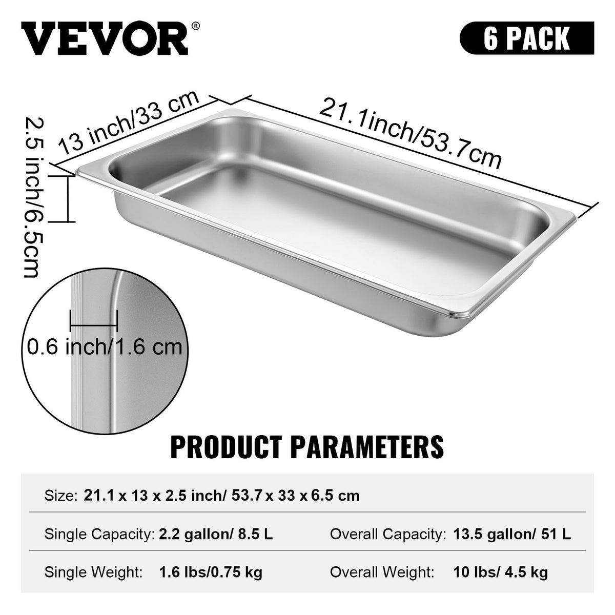 VEVOR GN-nõud 6 tk, 8,5 l, 530 × 325 × 66 mm, roostevaba teras