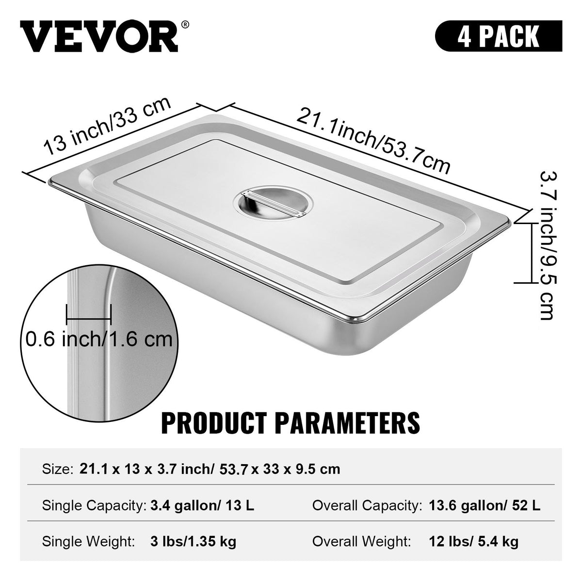 VEVOR GN trauki 4 gab., 13 l, 53 × 32,5 × 10 cm, nerūsējošā tērauda