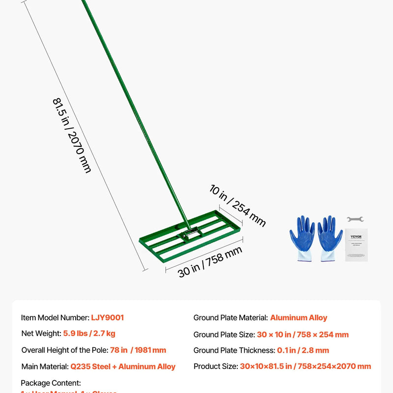 VEVOR zāliena līdzināšanas grābeklis 760 × 254 mm ar 1980 mm tērauda pagarinātu rokturi, izturīgs zāliena līdzinātājs dārzam, golfa zālienam un saimniecībai