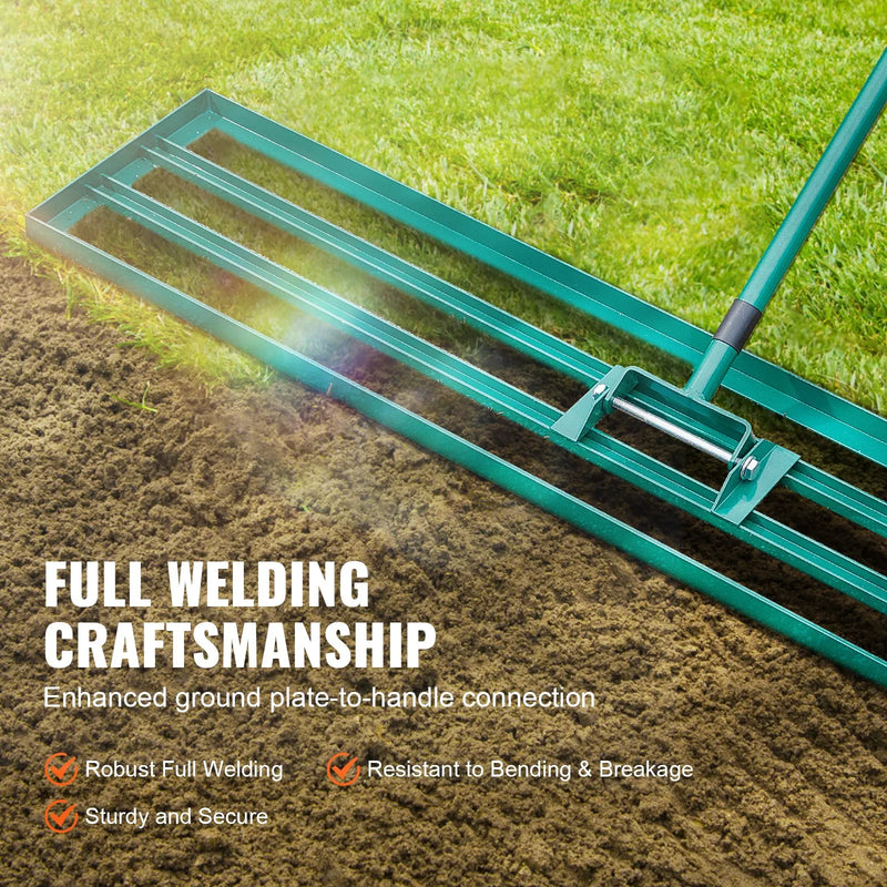 VEVOR zāliena izlīdzināšanas grābeklis 121,9 × 25,4 cm, izturīgs zāliena izlīdzināšanas instruments ar 198,1 cm tērauda pagarinātu rokturi, piemērots dārzam, golfa zālienam un saimniecībām