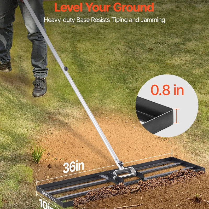 VEVOR zāliena līdzināšanas grābeklis ar 213 cm rokturi, 91,4 × 25,4 cm zemes plāksni, rūsas izturīgs oglekļa tērauda augsnes līdzinātājs ar 3 regulējamiem augstumiem, zāliena līdzināšanas instruments pagalmam un golfa laukumiem