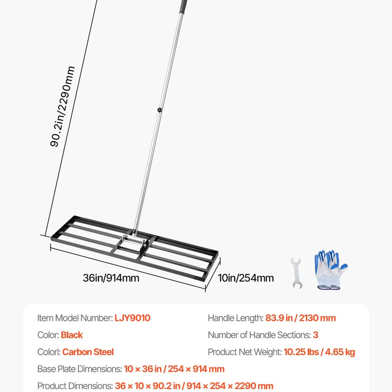 VEVOR zāliena līdzināšanas grābeklis ar 213 cm rokturi, 91,4 × 25,4 cm zemes plāksni, rūsas izturīgs oglekļa tērauda augsnes līdzinātājs ar 3 regulējamiem augstumiem, zāliena līdzināšanas instruments pagalmam un golfa laukumiem