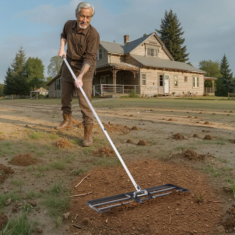 VEVOR zāliena līdzināšanas grābeklis ar 213 cm rokturi, 91,4 × 25,4 cm zemes plāksni, rūsas izturīgs oglekļa tērauda augsnes līdzinātājs ar 3 regulējamiem augstumiem, zāliena līdzināšanas instruments pagalmam un golfa laukumiem