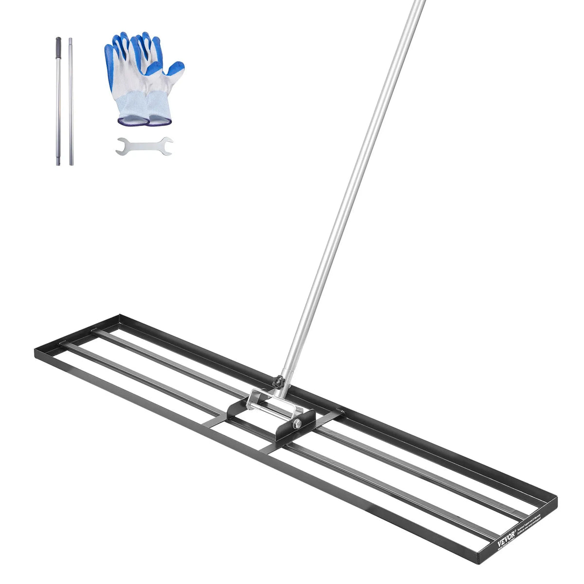 VEVOR Lawn Levelling Rake with 213 cm Handle, 1219 × 254 mm Ground Plate, Rust-Resistant Carbon Steel Soil Levelling Tool with 2 Height Adjustment Levels, for Lawns, Yards and Golf Courses