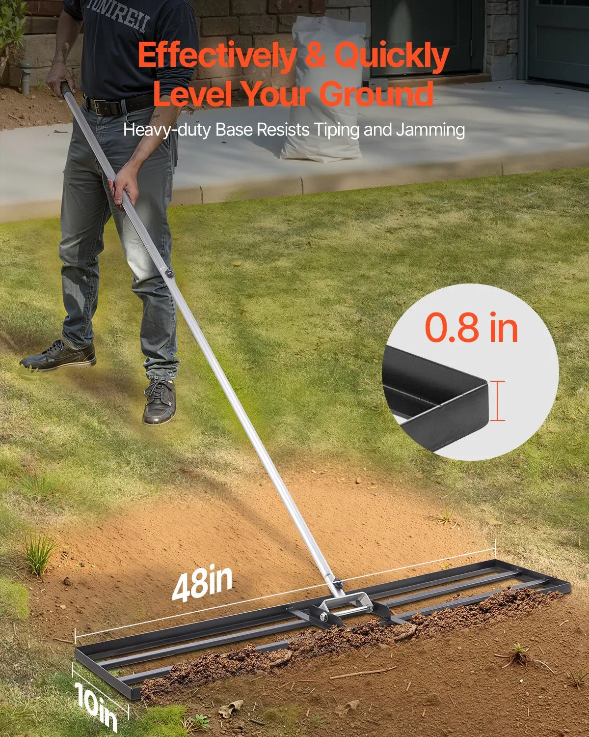 VEVOR Lawn Levelling Rake with 213 cm Handle, 1219 × 254 mm Ground Plate, Rust-Resistant Carbon Steel Soil Levelling Tool with 2 Height Adjustment Levels, for Lawns, Yards and Golf Courses