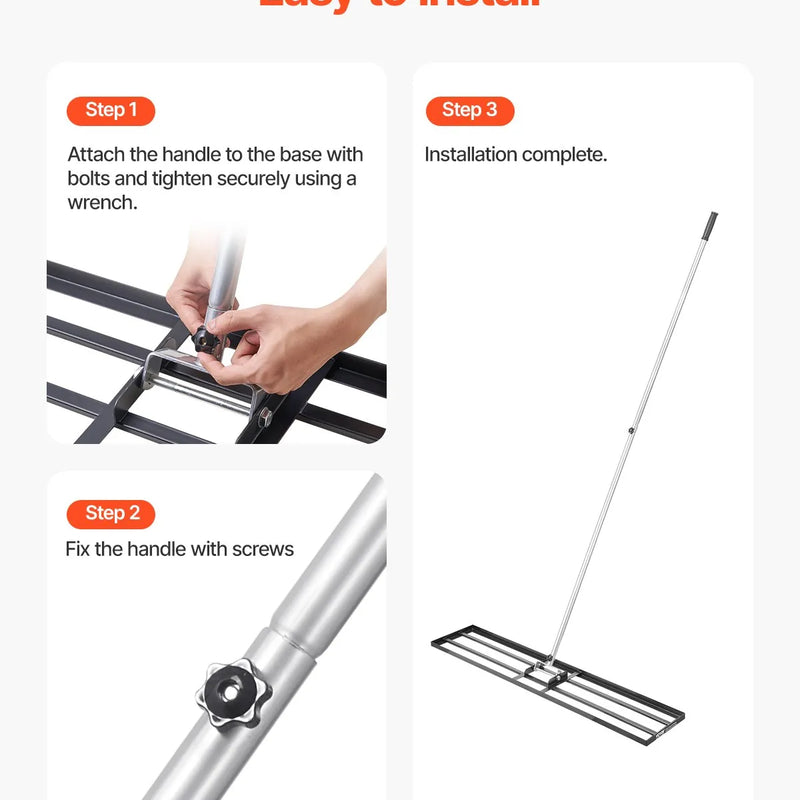 VEVOR zāliena izlīdzināšanas grābeklis ar 213 cm rokturi, 1219 × 254 mm zemes plāksne, pret rūsu noturīgs oglekļa tērauda augsnes izlīdzināšanas instruments ar 2 augstuma regulēšanas līmeņiem, zālienam, pagalmam un golfa laukumiem