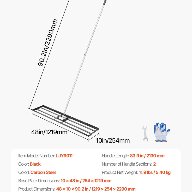 VEVOR zāliena izlīdzināšanas grābeklis ar 213 cm rokturi, 1219 × 254 mm zemes plāksne, pret rūsu noturīgs oglekļa tērauda augsnes izlīdzināšanas instruments ar 2 augstuma regulēšanas līmeņiem, zālienam, pagalmam un golfa laukumiem
