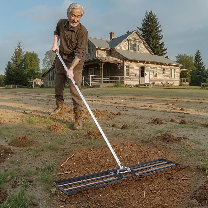 VEVOR zāliena izlīdzināšanas grābeklis ar 213 cm rokturi, 1219 × 254 mm zemes plāksne, pret rūsu noturīgs oglekļa tērauda augsnes izlīdzināšanas instruments ar 2 augstuma regulēšanas līmeņiem, zālienam, pagalmam un golfa laukumiem