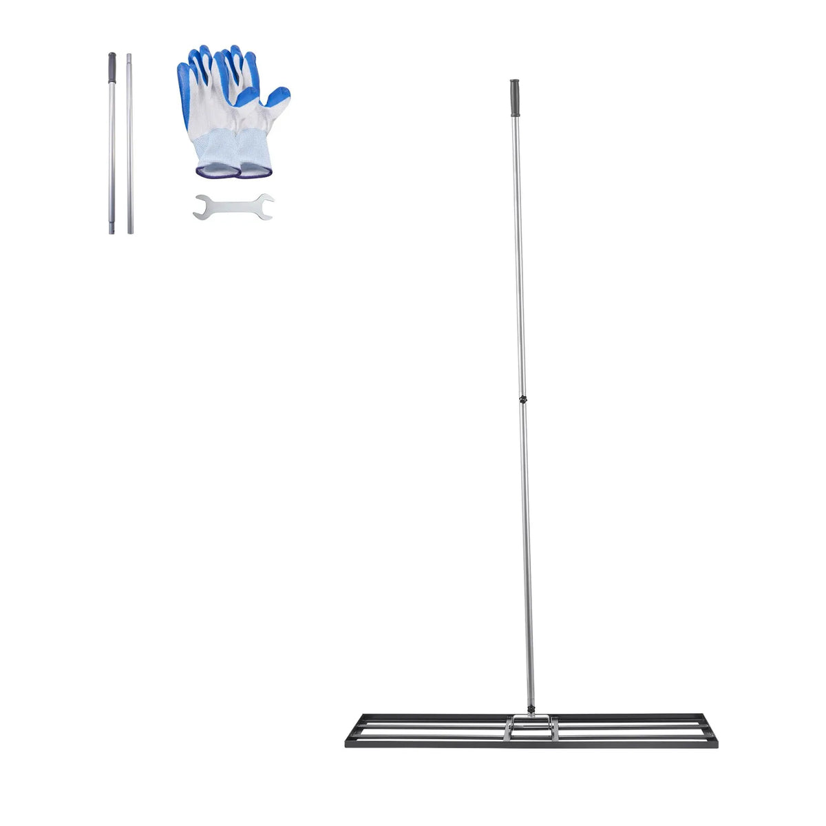 VEVOR Lawn Levelling Rake with 213 cm Handle, 1219 × 254 mm Ground Plate, Rust-Resistant Carbon Steel Soil Levelling Tool with 2 Height Adjustment Levels, for Lawns, Yards and Golf Courses