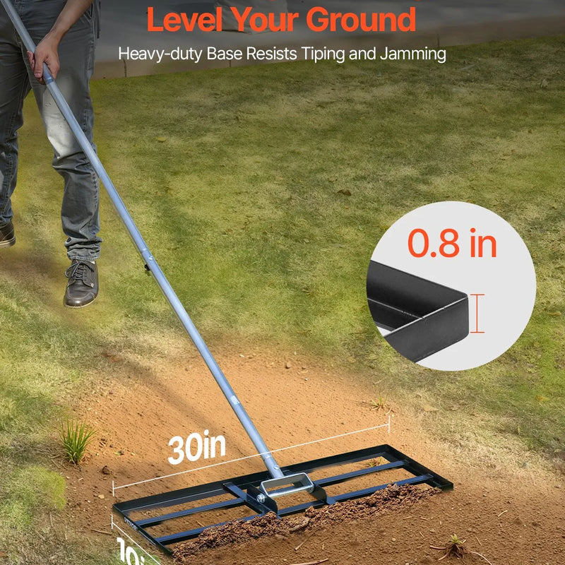 VEVOR zāliena izlīdzināšanas grābeklis ar 213 cm rokturi, 762 × 254 mm zemes plāksne, pret rūsu noturīgs oglekļa tērauda augsnes izlīdzināšanas instruments ar 3 augstuma regulēšanas līmeņiem, zālienam, pagalmam un golfa laukumiem