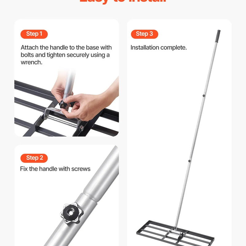 VEVOR zāliena izlīdzināšanas grābeklis ar 213 cm rokturi, 762 × 254 mm zemes plāksne, pret rūsu noturīgs oglekļa tērauda augsnes izlīdzināšanas instruments ar 3 augstuma regulēšanas līmeņiem, zālienam, pagalmam un golfa laukumiem