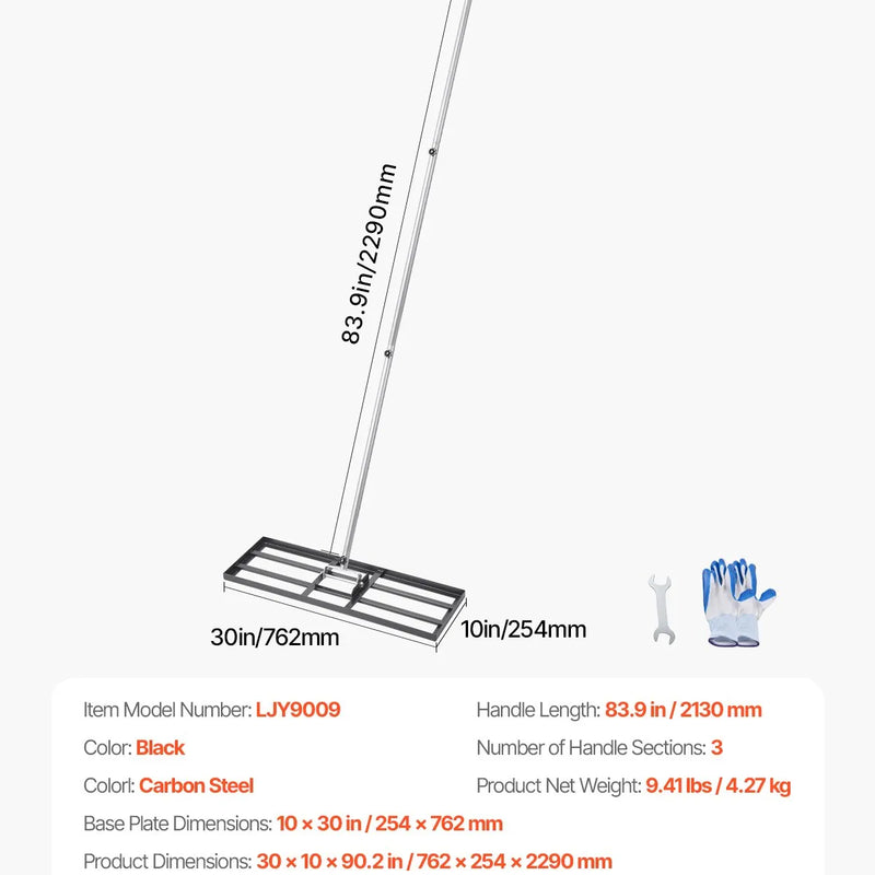 VEVOR zāliena izlīdzināšanas grābeklis ar 213 cm rokturi, 762 × 254 mm zemes plāksne, pret rūsu noturīgs oglekļa tērauda augsnes izlīdzināšanas instruments ar 3 augstuma regulēšanas līmeņiem, zālienam, pagalmam un golfa laukumiem