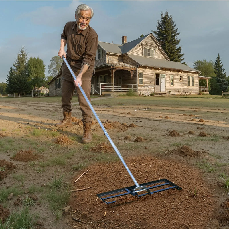 VEVOR zāliena izlīdzināšanas grābeklis ar 213 cm rokturi, 762 × 254 mm zemes plāksne, pret rūsu noturīgs oglekļa tērauda augsnes izlīdzināšanas instruments ar 3 augstuma regulēšanas līmeņiem, zālienam, pagalmam un golfa laukumiem