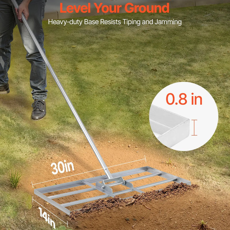 VEVOR zāliena līdzināšanas grābeklis ar 2130 mm rokturi, 1220 × 254 mm plāksni, oglekļa tērauda zāliena līdzinātājs ar 2 regulējamiem augstumiem, zāliena izlīdzināšanas instruments pagalmam un golfa laukumiem