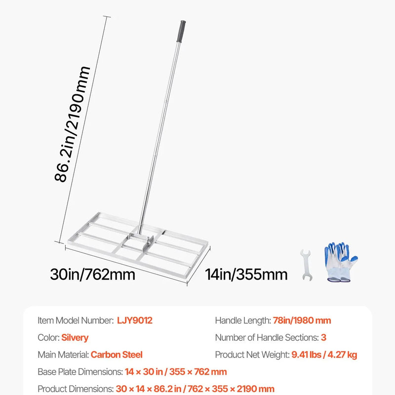 VEVOR zāliena līdzināšanas grābeklis ar 2130 mm rokturi, 1220 × 254 mm plāksni, oglekļa tērauda zāliena līdzinātājs ar 2 regulējamiem augstumiem, zāliena izlīdzināšanas instruments pagalmam un golfa laukumiem