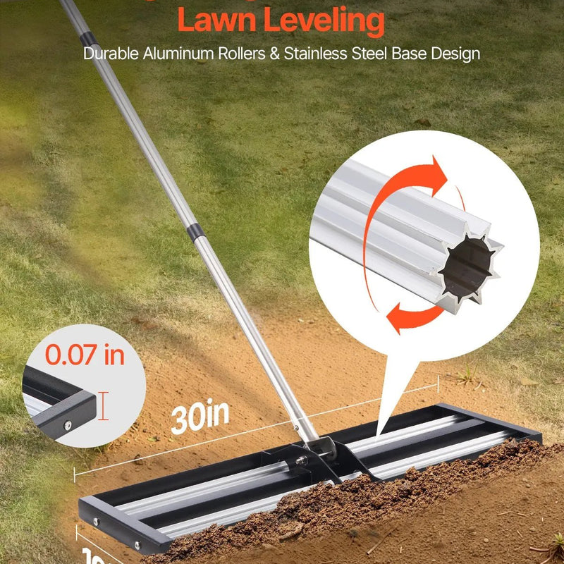 VEVOR zāliena līdzināšanas grābeklis ar rullīti 760 x 254 mm no nerūsējošā tērauda, regulējams rokturis līdz 2130 mm, izturīgs zāliena līdzināšanas instruments dārzam un golfa laukumiem - ZEMLETES.LV