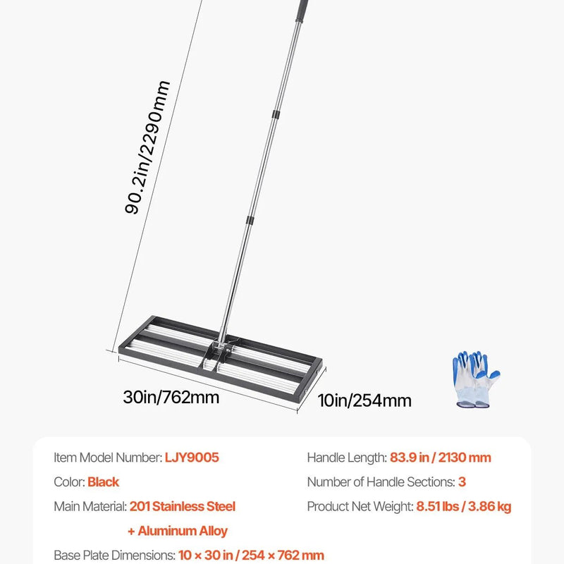 VEVOR zāliena līdzināšanas grābeklis ar rullīti 760 x 254 mm no nerūsējošā tērauda, regulējams rokturis līdz 2130 mm, izturīgs zāliena līdzināšanas instruments dārzam un golfa laukumiem - ZEMLETES.LV