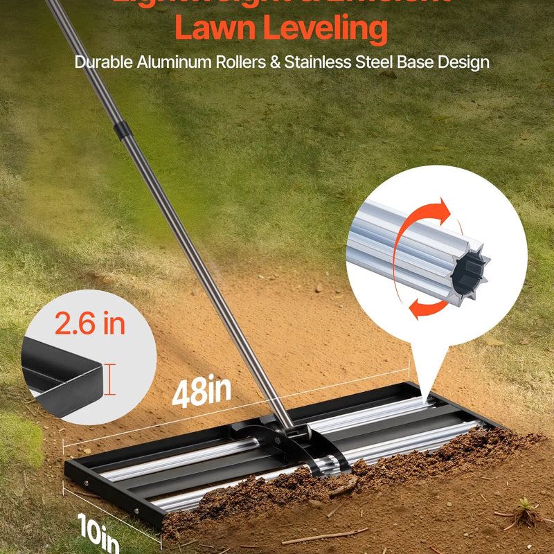 VEVOR uzlabots zāliena līdzināšanas grābeklis ar rullīti, 1220 × 254 mm nerūsējošā tērauda līdzinātājs ar 2130 mm regulējamu rokturi, izturīgs dārza līdzināšanas instruments zālienam un golfa laukumiem