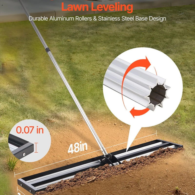 VEVOR zāliena līdzināšanas grābeklis ar 213 cm regulējamu rokturi, 121,9 × 25,4 cm zemes plāksni, izturīgs un rūsas izturīgs metāla augsnes līdzinātājs, zāliena līdzināšanas instruments pagalmam un golfa laukumiem