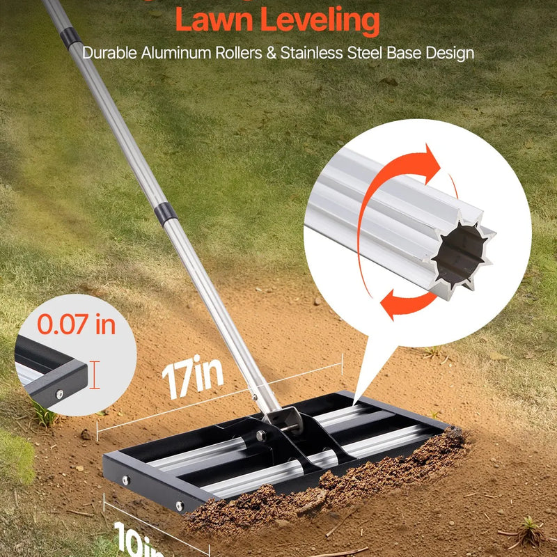 VEVOR zāliena līdzināšanas grābeklis ar 161 cm regulējamu rokturi, 43,2 × 25,4 cm zemes plāksni, izturīgs un rūsas izturīgs metāla augsnes līdzinātājs, zāliena līdzināšanas instruments pagalmam un golfa laukumiem